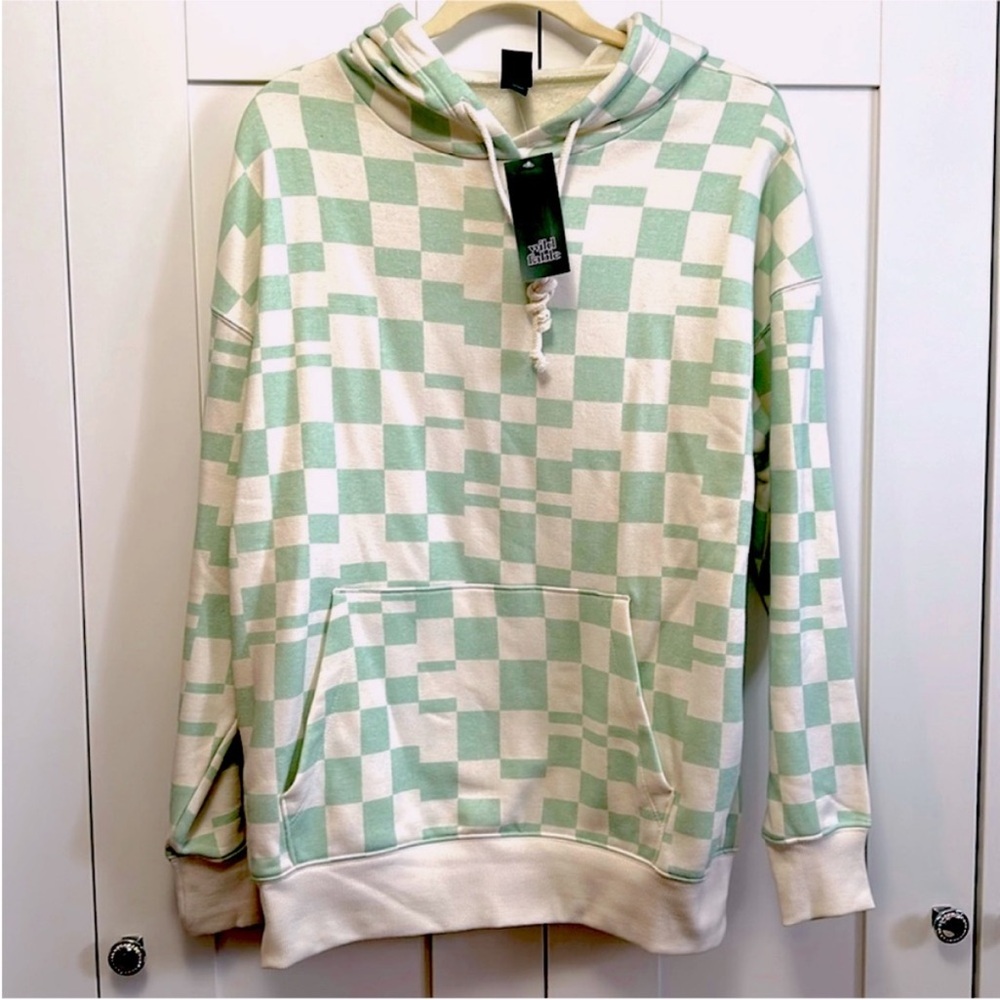 Green and Off White Block Print Hoodie Oversized Pullover Sweatshirt Sz S NEW!
